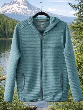 L.L.Bean Teal Ribbed Zip Hoodie Jacket Petite Large Like New Lightweight